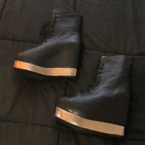 black  silver platform wedge zip up booties